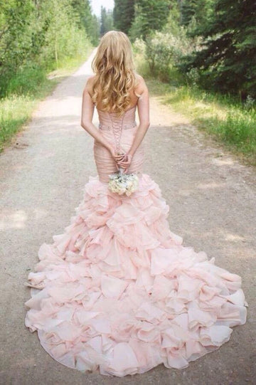 Trendy Pink Sweetheart Ruffles Mermaid Wedding Gown TWA251