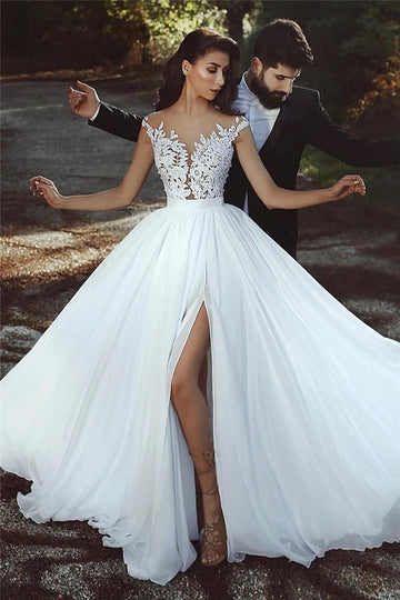 Trendy Boho Lace Chiffon A-line Beach Wedding Gown TWA252