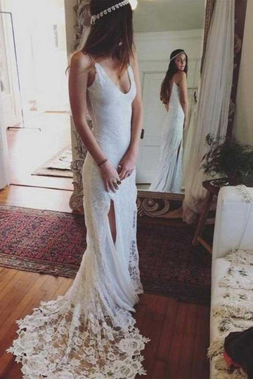 Sheath Lace Boho Split Court Train Wedding Gown TWA2582