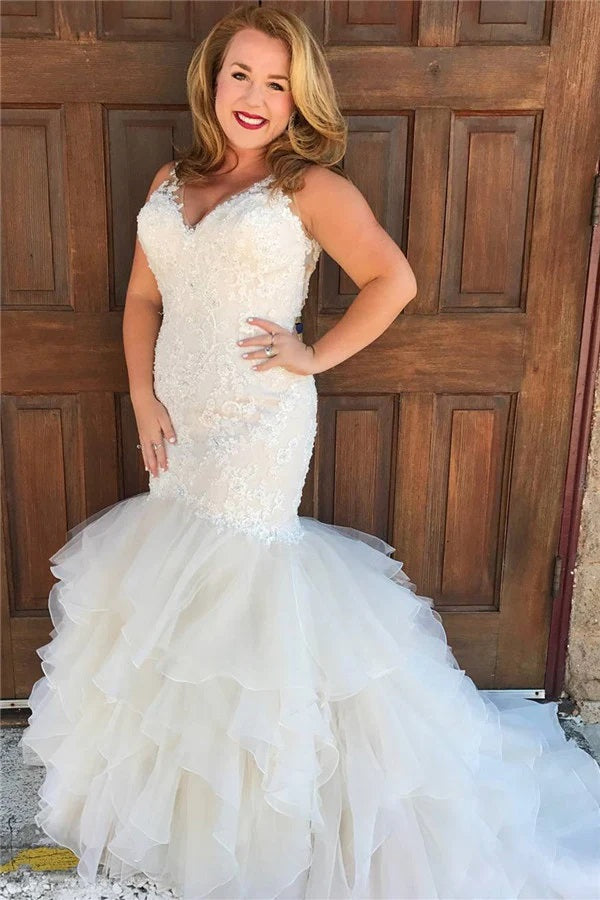 plus size mermaid wedding dresses Trendy Plus Size V-neck Mermaid Wedding Gown TWA261