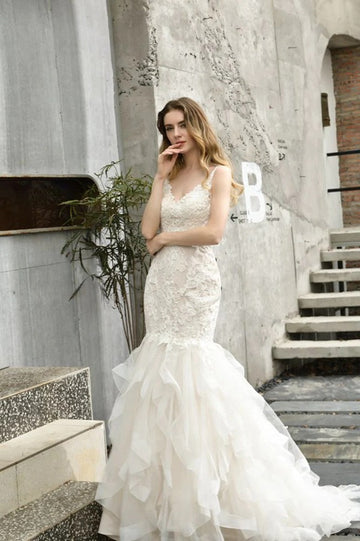 Trendy Lace Straps Ruffles Train Mermaid Wedding Gown TWA263