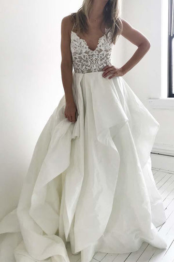 Trendy Straps Ivory Long Wedding Gown with Lace Top TWA2742