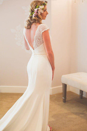 Mermaid V-Neck Lace Low Cut Satin Wedding Gown TWA2792