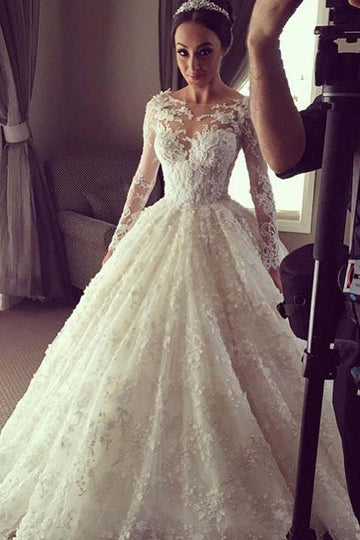 Trendy Long Sleeve Ball Gown Lace Wedding Gown TWA2802