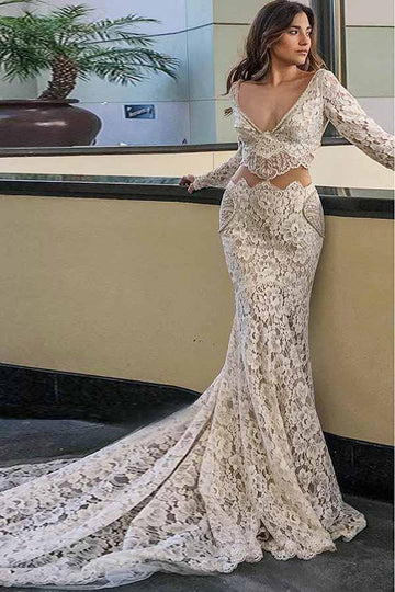 Mermaid Deep V-Neck Long Sleeve Wedding Gown with Pockets TWA2812