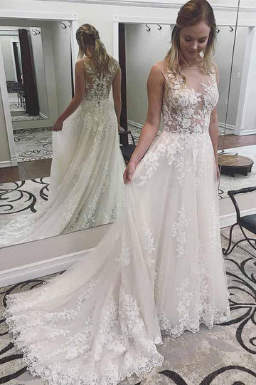 Trendy Ivory See Through Applique with Court Train Lace Wedding Gown TWA2962