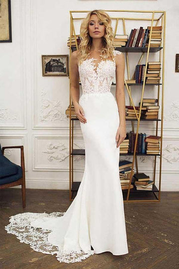 Trendy Mermaid Lace Bodice Long Satin Wedding Gown TWA3012