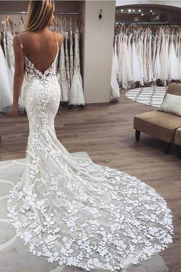 Trendy Mermaid Straps Open Back Lace Wedding Gown TWA3052