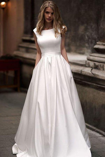 Trendy A-line Princess Ivory Satin Wedding Gown with Pockets TWA3282