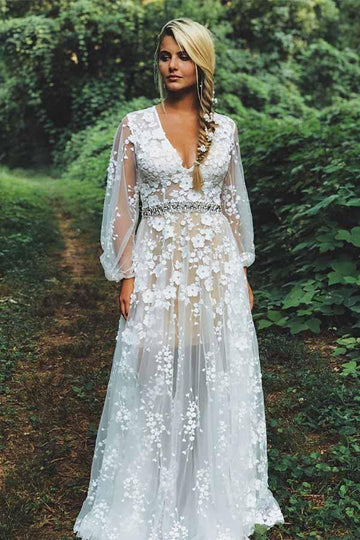 Trendy Beading V-neck White Lace Long Sleeves Wedding Gown TWA3302