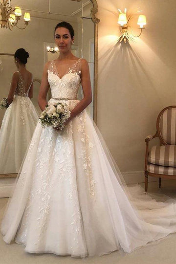Trendy V Neck Lace Wedding Gown TWA3342