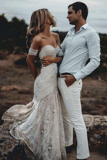 Ivory Lace Beach Sweetheart Neck Wedding Gown TWA3352