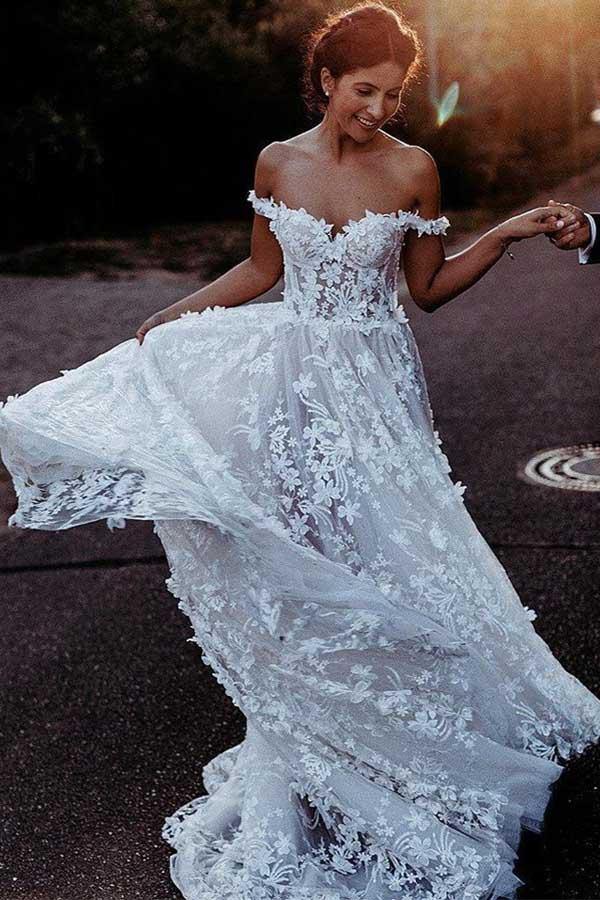 Trendy Appliques A-Line Off the Shoulder White Tulle Wedding Gown TWA3 Trendy Appliques A-Line Off the Shoulder White Tulle Wedding Gown TWA3
