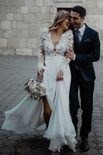 A-Line V-Neck Boho Chiffon Appliques Flowers Wedding Gown TWA3402