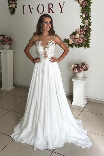 Trendy A-Line White Chiffon Appliques See Through Boho Wedding Gown TWA3442