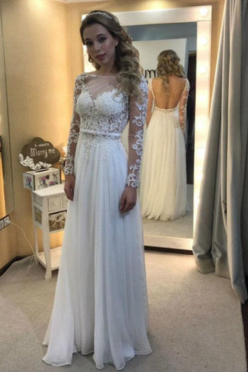 Trendy White Chiffon Long Sleeve Appliques Wedding Gown TWA3602