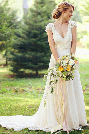 Deep V Neck Cap Sleeve Appliques Wedding Gown TWA3662