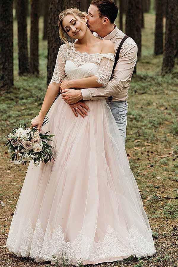 lace country wedding dress Half Sleeves Pink Lace Country Wedding Gown TWA3672