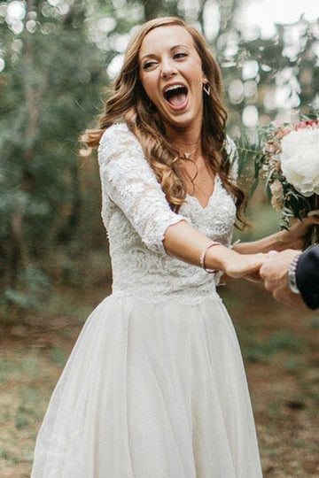 A-Line V-Neck Boho Half Sleeve Appliques Tulle Wedding Gown TWA3702
