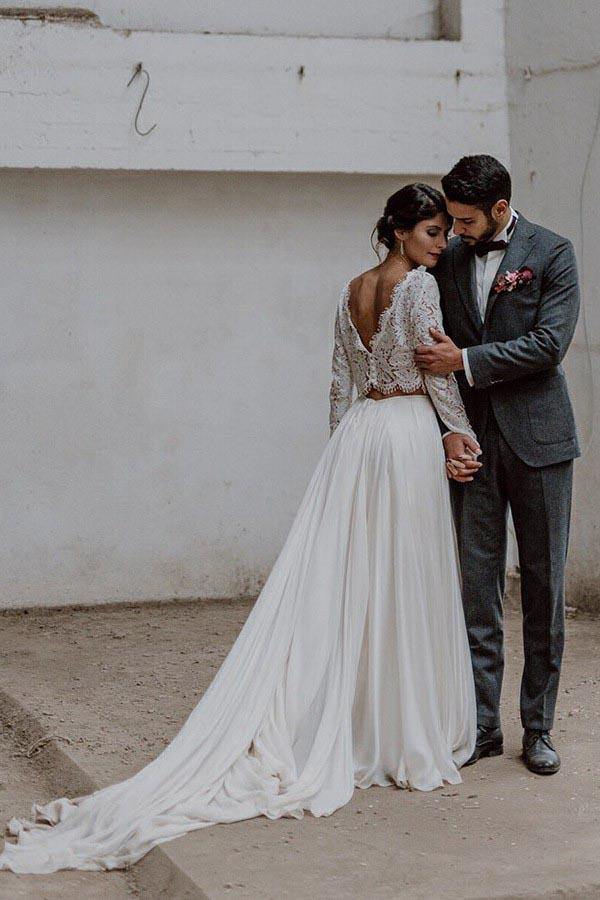 Boho Lace Two Piece Long Sleeves Chiffon Wedding Gown TWA3722 Boho Lace Two Piece Long Sleeves Chiffon Wedding Gown TWA3722