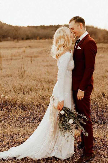 Trendy Long Sleeve Rustic Wedding Gown Sheath Beach Wedding Gown TWA3842