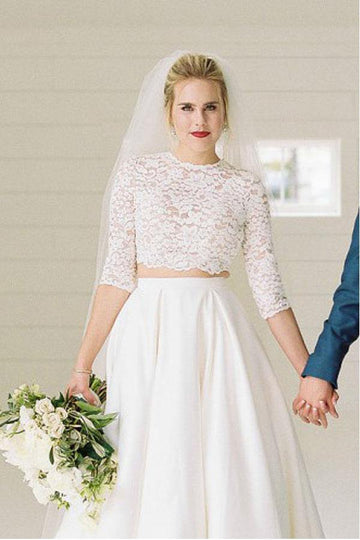 Two Piece Half Sleeves Lace Top Wedding Gown TWA3872