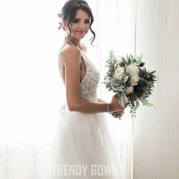 A-Line Halter Boho Tulle Lace Wedding Gown TWA3902