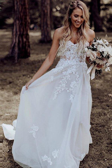 A-Line Sweetheart Sweep Train Appliques Beading Boho Wedding Gown TWA3932