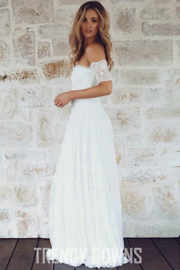 A-Line Off-the-Shoulder Short Sleeve Lace Boho Wedding Gown TWA3962