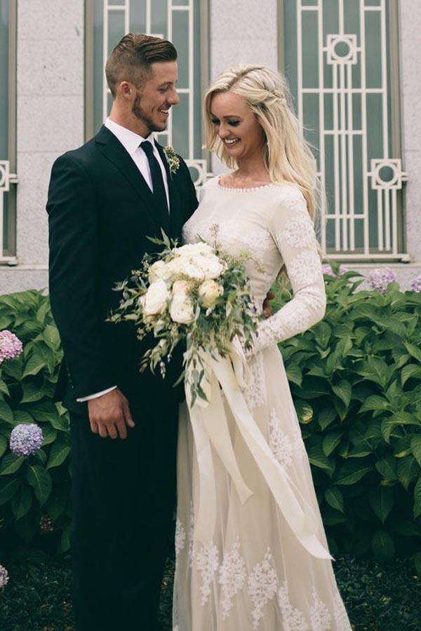 A-Line Long Sleeves Ivory Tulle Appliques Country Wedding Gown TWA3992 A-Line Long Sleeves Ivory Tulle Appliques Country Wedding Gown TWA3992