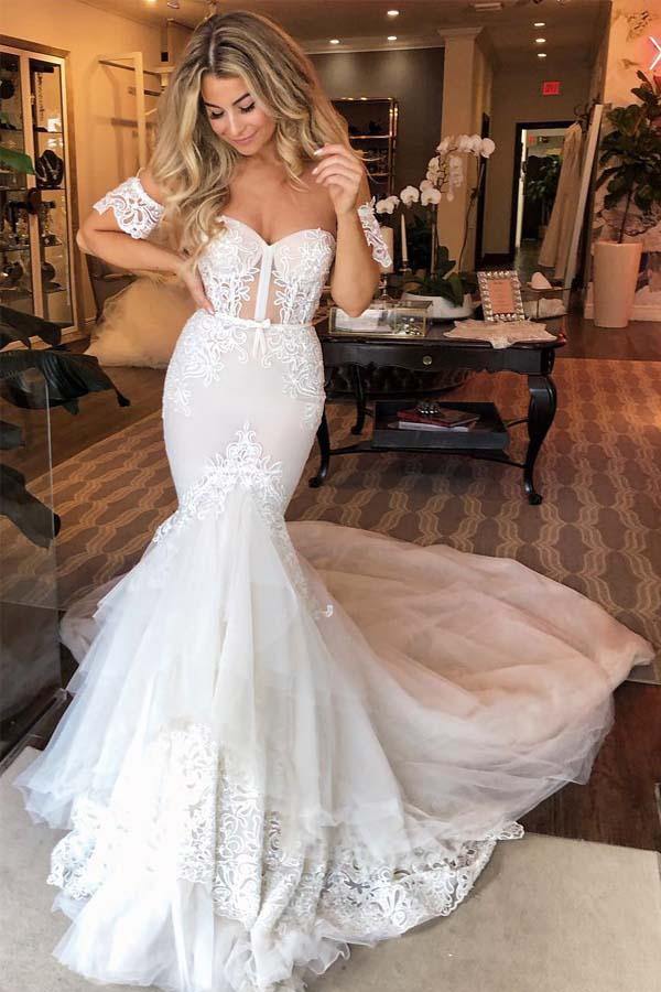 half mermaid wedding dress EdleessFashion Half Sleeve Mermaid Wedding Dress with Small Train Lace Up, Women's, Size: 16W, Beige