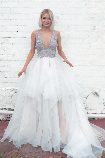 Trendy Layered Plunging Neck V-Back Long Wedding Gown TWA4172