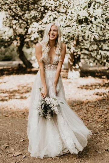 Trendy Lace Tulle V-neck V-back Rustic Beach Wedding Gown TWA4192
