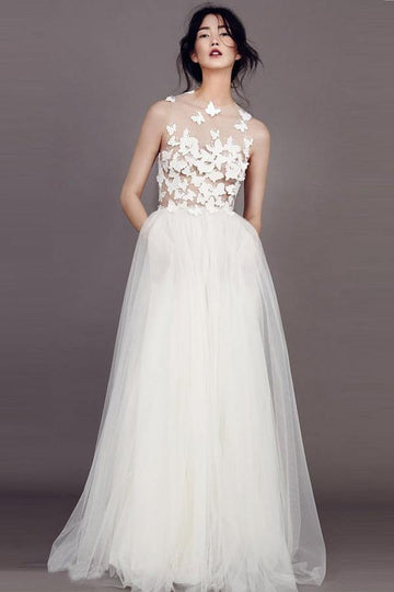 Trendy A-line Butterfly Appliques Tulle Ivory Bridal Gown TWA4212