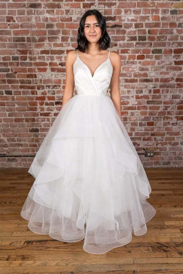 Trendy V-neck Straps Ruffles Satin Wedding Gown TWA4252