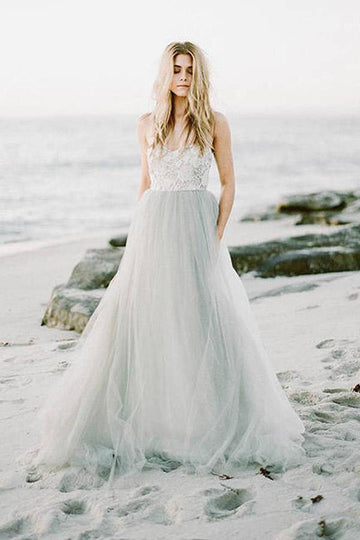 Sweetheart A Line Boho Beach Modest Tulle Bridal Gown TWA4272