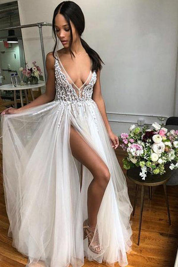 Trendy A Line V Neck Beaded Tulle Wedding Gown TWA4372