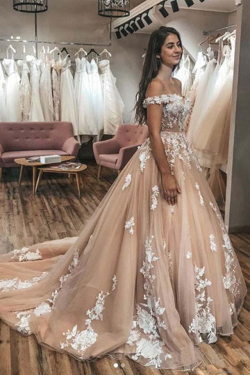 Ivory Lace Appliqued Champagne Off Shoulder Wedding Gowns TWA4382