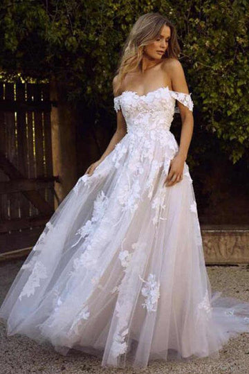 A Line Off the Shoulder Appliques Beige Wedding Gown TWA4552