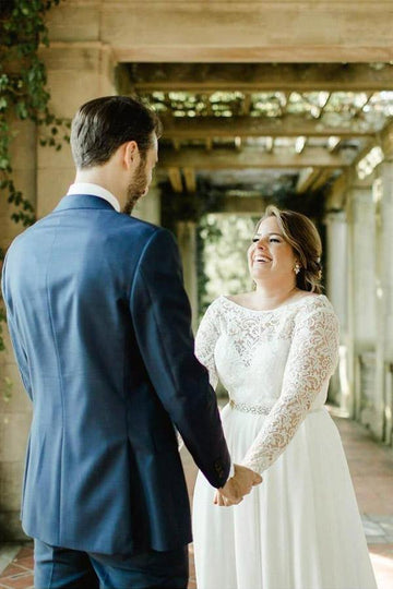Lace Top Ivory Chiffon Long Sleeves Plus Size Wedding Gown TWA4622