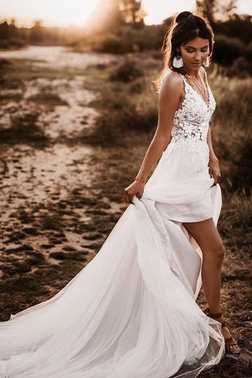 Trendy Lace Bodice V Neck Boho A Line Wedding Gown TWA4682