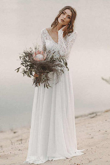 Trendy V Neck Boho Long Sleeves Lace Beach Wedding Gown TWA4742