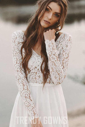 Trendy V Neck Boho Long Sleeves Lace Beach Wedding Gown TWA4742