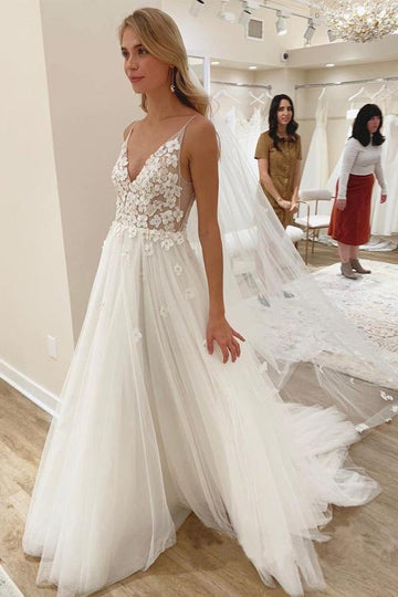 Trendy V Neck Appliques Flowers Wedding Gown TWA4762