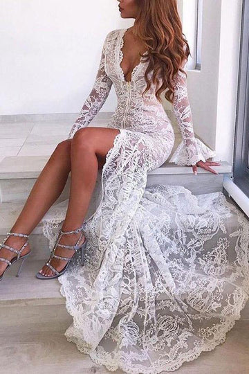 Mermaid V-neck Long Sleeve Sexy Lace Wedding Gown TWA4912