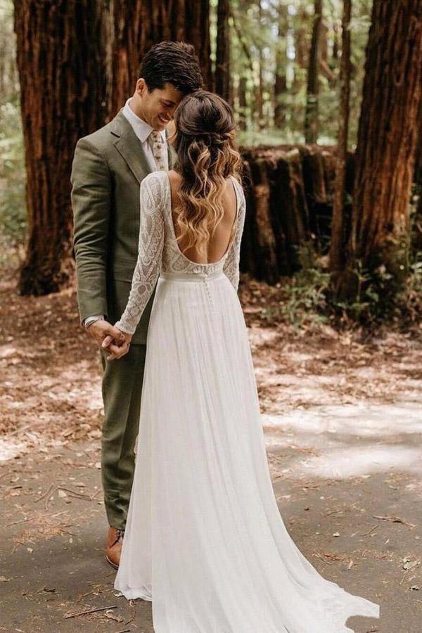 Scoop Long Sleeve Chiffon Boho Backless Bridal Gown TWA5092 Scoop Long Sleeve Chiffon Boho Backless Bridal Gown TWA5092