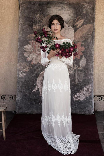 Lace Long Sleeve Backless Boho Rustic Wedding Gown TWA5152