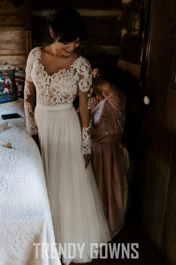 A Line Boho Long Sleeve Rustic Lace Wedding Gown TWA5222