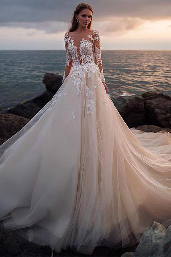 Illusion Lace Long Sleeves Light Champagne Tulle Wedding Gown TWA5322 Illusion Lace Long Sleeves Light Champagne Tulle Wedding Gown TWA5322