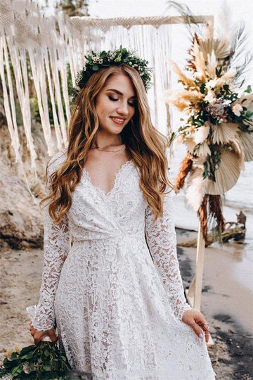 A-Line Long Sleeves Boho Lace Wedding Gown TWA5422